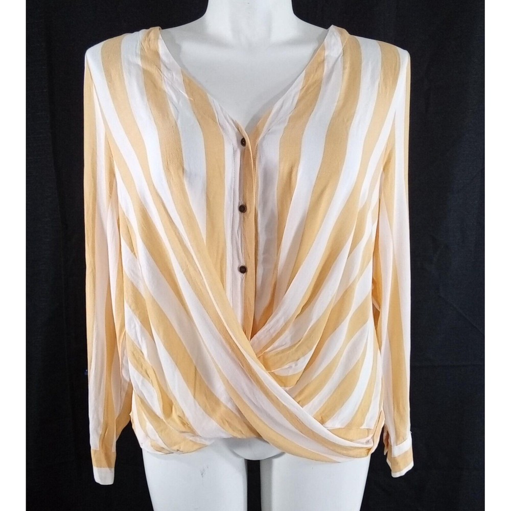 a.n.a. Top XL Crossover Blouse Bubble Hem Long Sleeve Shirt Yellow Stripe Button